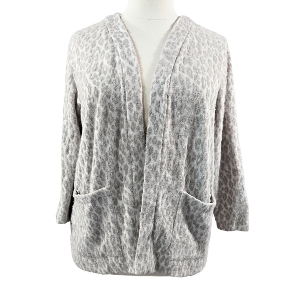 Chico's Taupe Leopard Print Fuzzy Open Front Cardigan Comfy Cozy Lounge